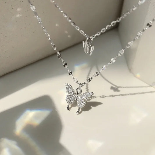 Silver Butterfly Pendant Double Layer Necklace For Women