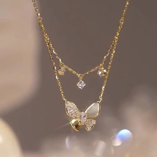 Golden Butterfly Pendant Double Layer Necklace For Women